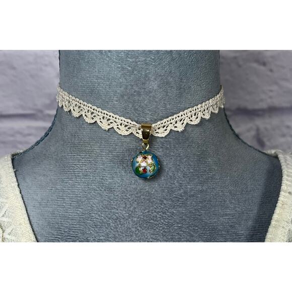 Handmade Jewelry - Handmade Delicate Crochet Lace Choker with Upcycled Petit Cloisonne Pendant